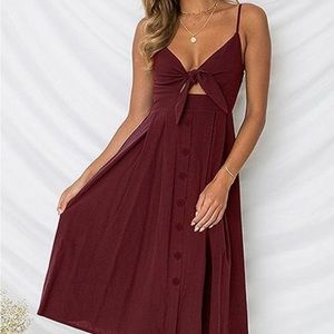 Tie Front V-Neck Spaghetti Strap Button Down A-Line Backless Swing Midi Dress